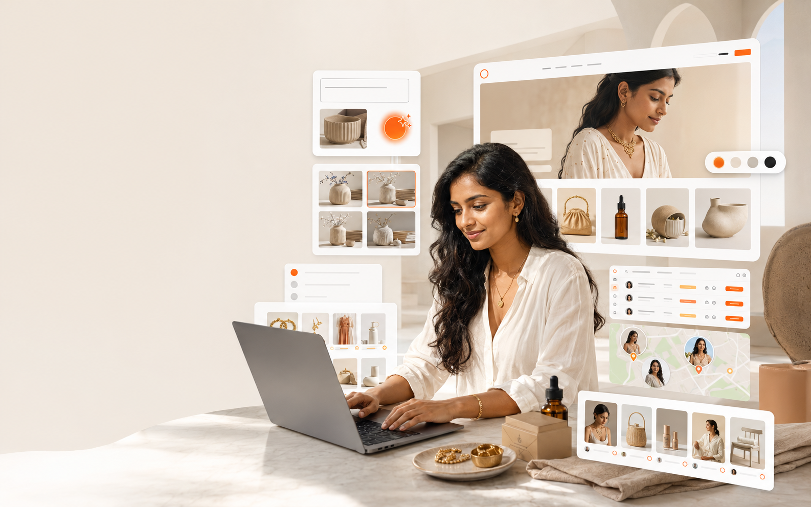 A PanStudio seller managing her storefront on a laptop, surrounded by product photography, catalog UI, storefront preview, order management panel, and delivery map — all built inside PanStudio.